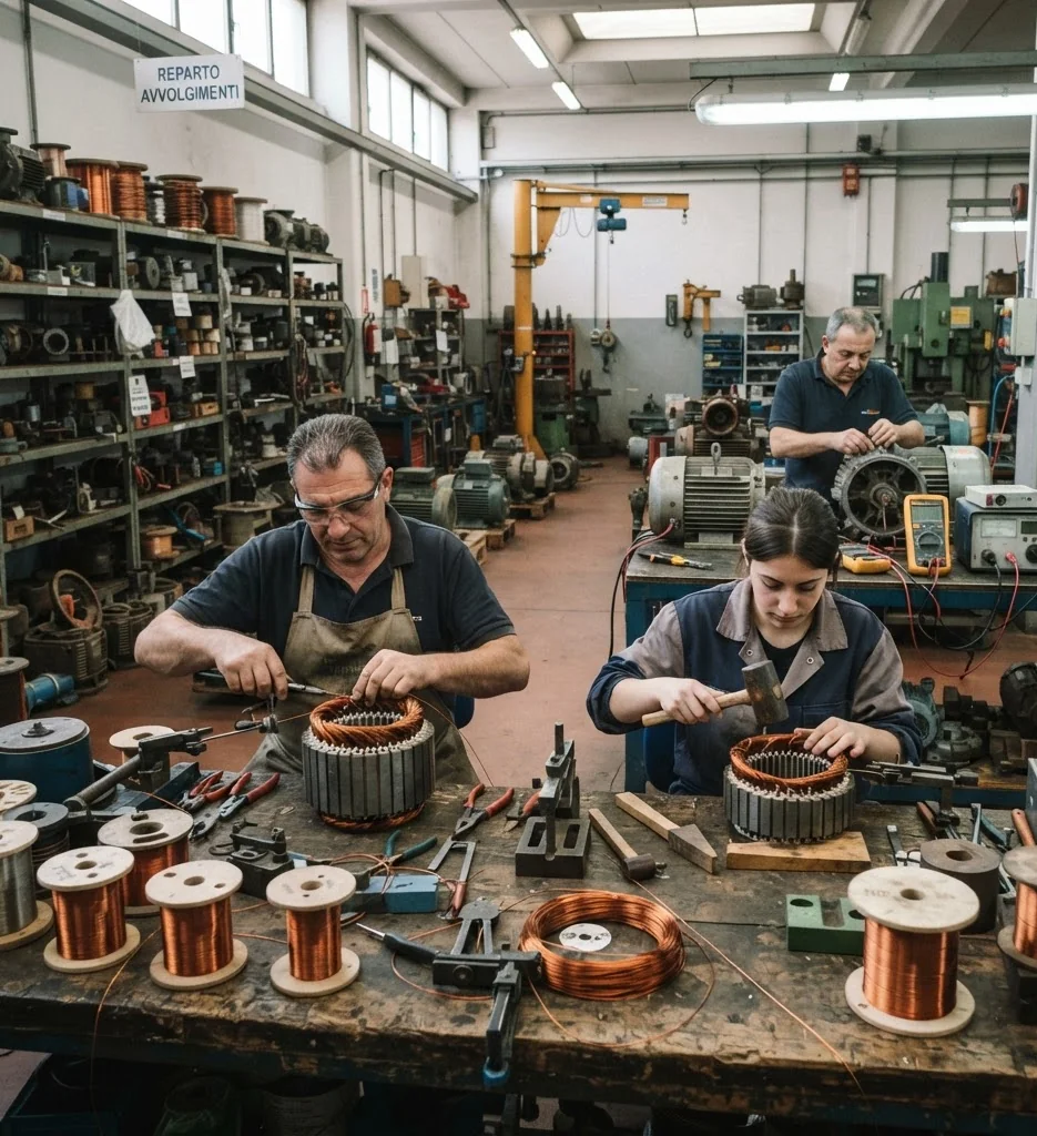 Riavvolgimento statori di motori elettrici nel reparto avvolgimenti – Brescia